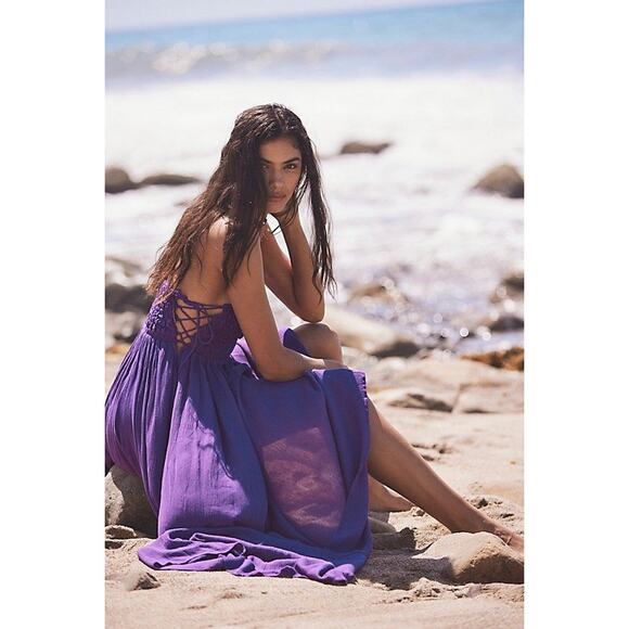 Free People Turning Up The Temperature Maxi $118 SMALL Purple LACE-UP Sides - Picture 2 of 5